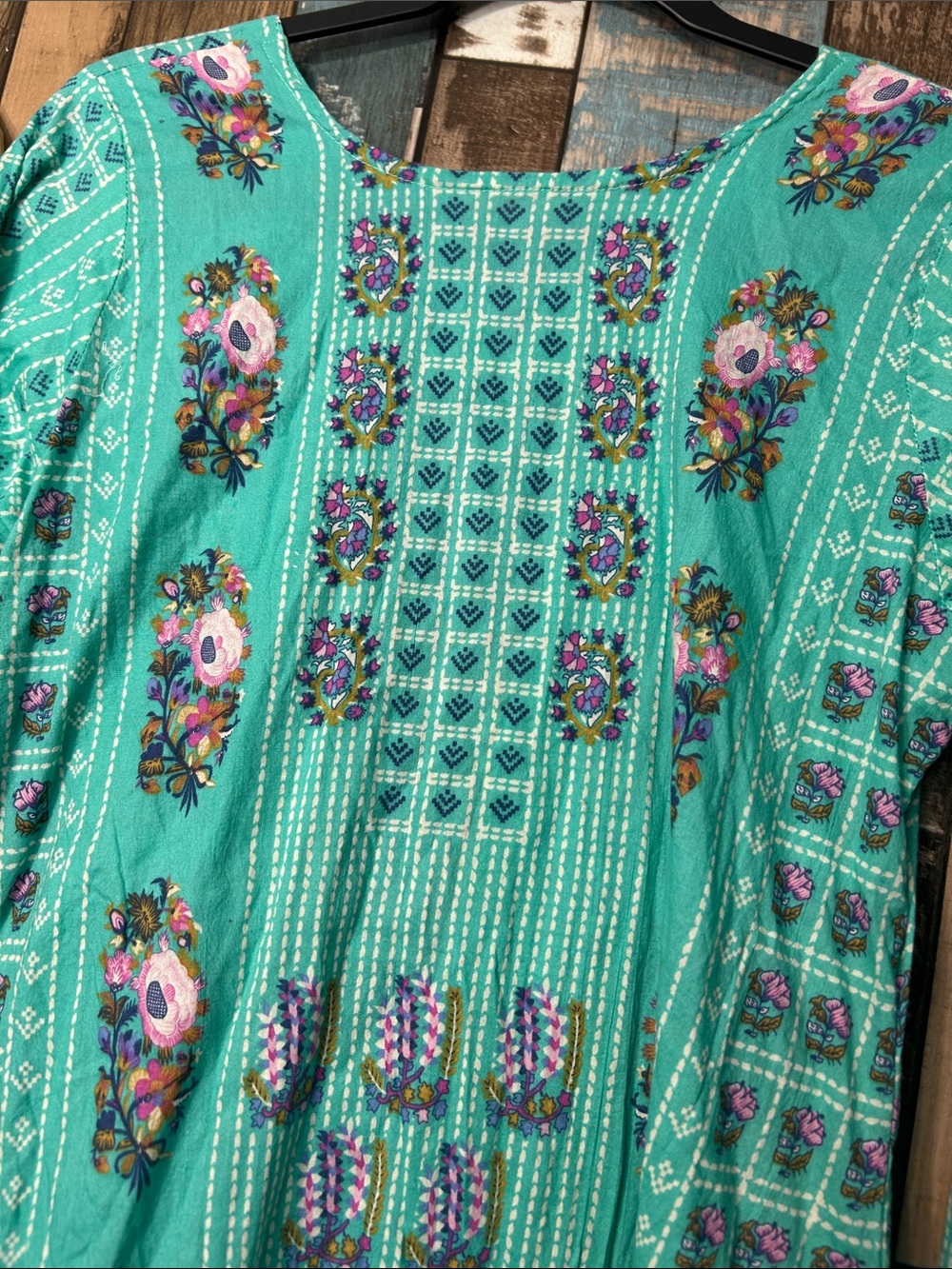 Turquoise Printed Long Sleeve Tunic Dress with Contrast Trim - Picture 16 of 16